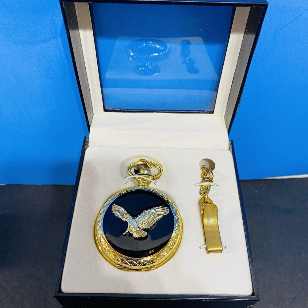 Gold Tone Quartz Pocket Watch Eagle On Black Background Japan Movement